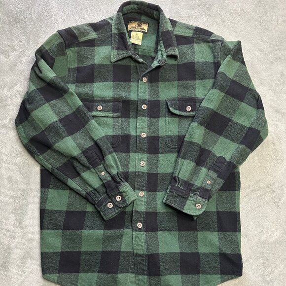 Field & Stream Flannel Heavy Mens Large Green Black Checkered Button Down Shirt - Picture 1 of 16
